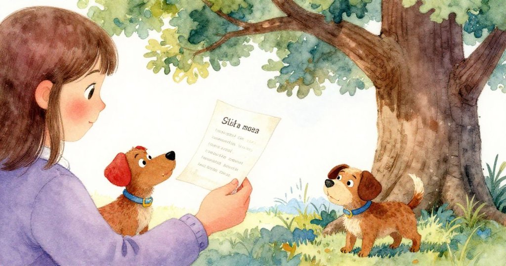 艾蜜莉在古老橡樹旁仔細翻看神秘信件，手部細節清晰，馬克斯充滿好奇。