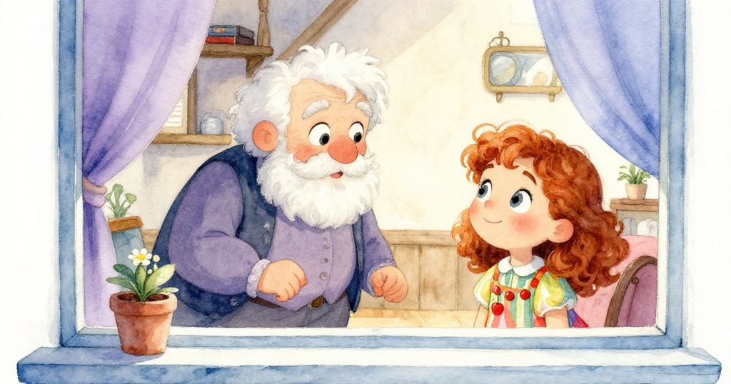 透過窗戶可見老故事人引人入勝地講述奇幻故事，艾蜜莉聆聽時滿心期待。