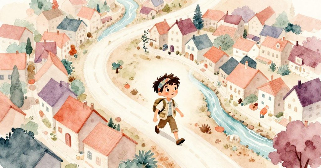 Liam 正在出發冒險,從高空俯瞰色彩柔和的鄉村、村莊和小溪,充滿期待與活力。