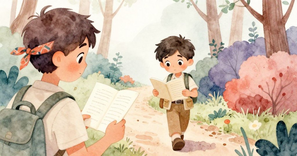 從Liam的肩後視角,他邊走邊閱讀啟發他冒險的信件,背景樹林透出柔和光線。