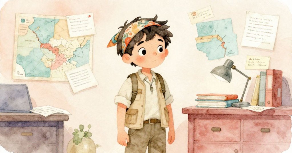 Liam 在溫馨的書房中準備冒險,桌上散佈著地圖和信件,他全神貫注地規劃未來的路程。