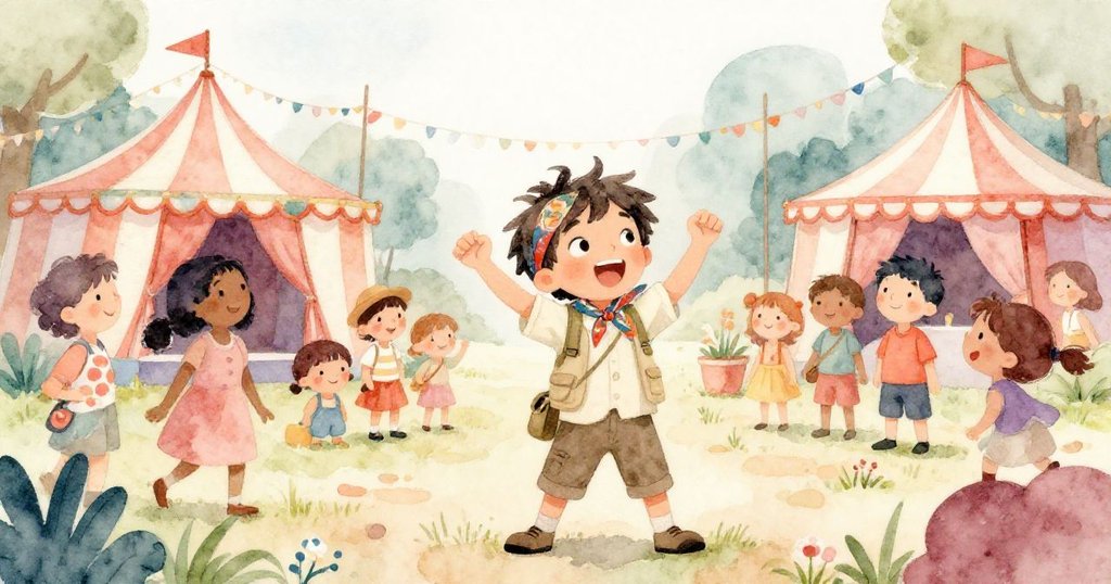 Liam 驚喜發現熱鬧嘉年華,周圍人群熱情歡笑,色彩鮮豔的裝飾映襯出歡樂場面。