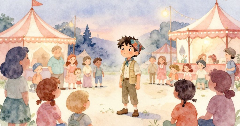 Liam 與社區成員在平靜嘉年華中共享歡樂,傍晚柔光下流露出滿足和期待未來冒險的溫暖心情。