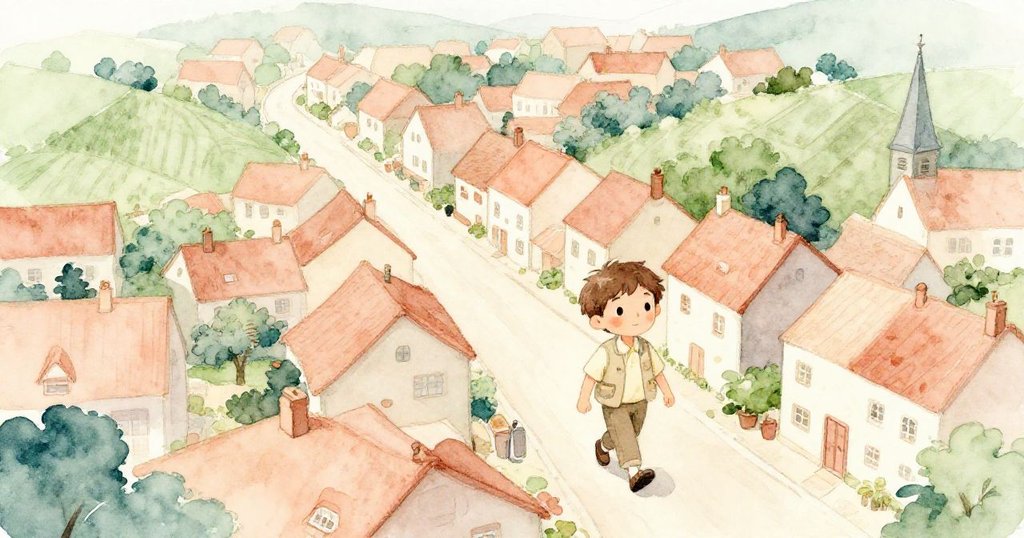 奧利弗在綠野村莊中探險，從高空俯瞰村莊、房屋與教堂，展現旅行開始的好奇與期待。