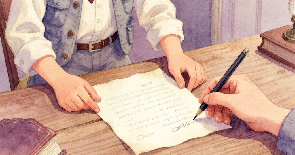 奧利弗在書房中細讀一封泛黃信件，手指輕觸古老字跡，表現出驚奇與期待的情感。