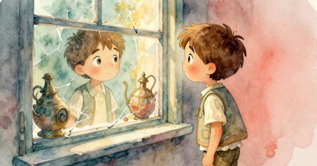 奧利弗透過老式窗戶望向自己的倒影，背景是古舊書架與金色光暈，充滿著對歷史謎團的深思。