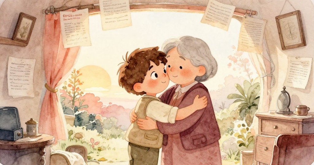 奧利弗與失散親人於秘密房間中相擁重逢，夕陽灑入房內，充滿紙質筆記與家族遺物，帶來溫馨與感動的和解。