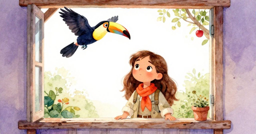 透過窗戶看見瑪麗亞安坐老屋門廊，窗外彩色巨嘴鳥翱翔，流露出寧靜與早晨魔幻魅力。