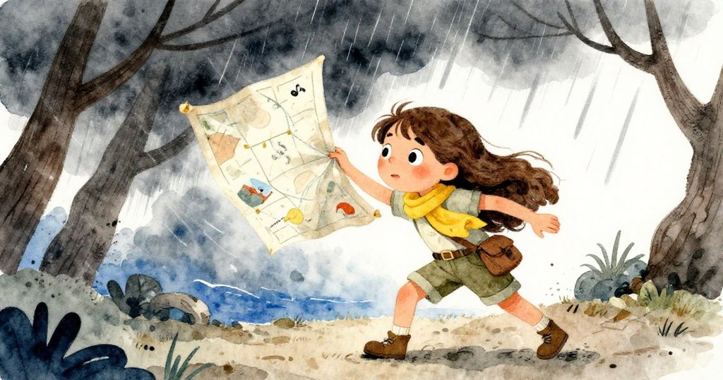 在狂風暴雨中，瑪麗亞緊握飄動的地圖，樹木搖曳，神情擔憂，展現挑戰暴風中的堅韌勇氣。