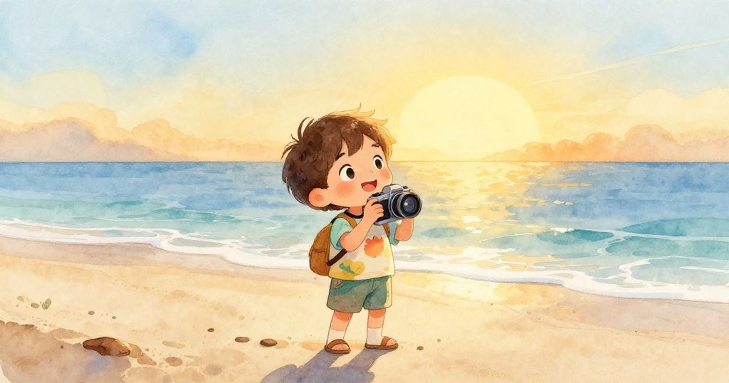 Sam在金色晨曦下於廣闊海灘上興奮地拿著相機開始假期旅程，背景中有波光粼粼的海浪與柔和天空，充滿期待與喜悅。