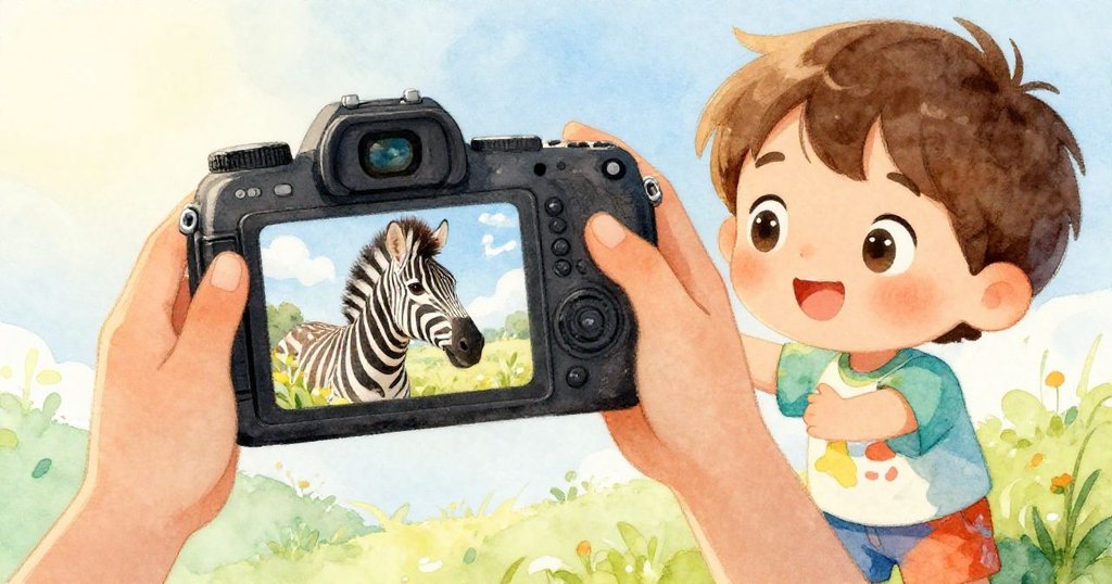 Sam仔細檢查著相機螢幕上的斑馬照片，背景隱現晨曦的海灘細節，臉上流露出驚喜與好奇的神情。