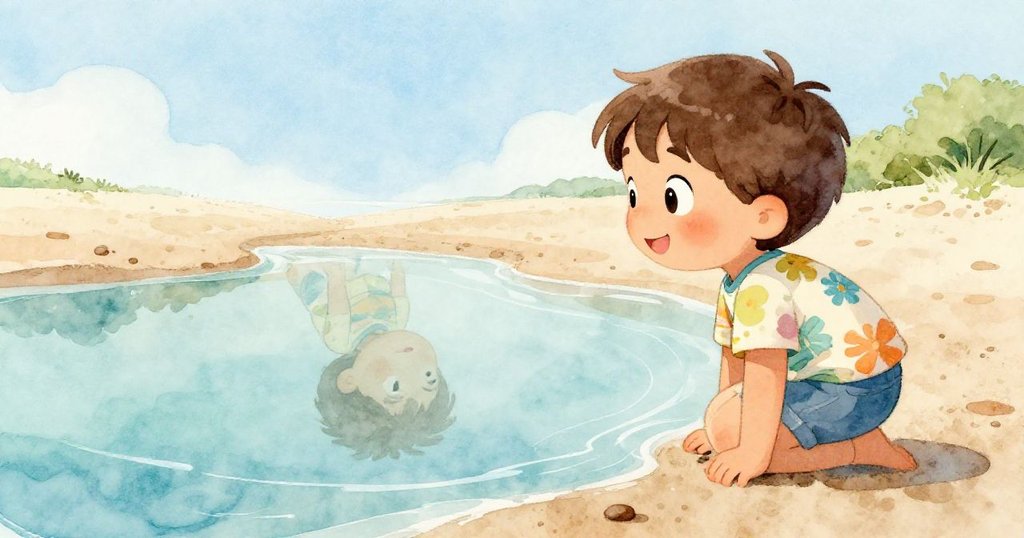 Sam站在沙灘邊，微笑著凝視水中映出的自己，水面反射著藍天與柔和光線，展現出寧靜與溫暖。