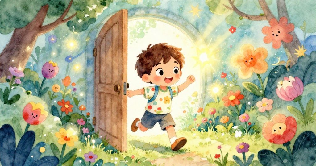 Sam推開隱藏之門走入充滿陽光與發光花朵的祕密花園，臉上洋溢著驚喜與期待，發現門旁贈送的小禮物。