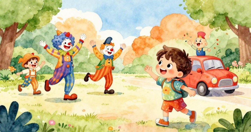 Sam在熱鬧公園中驚喜地觀看滑稽小丑舞動和會唱歌的小車，周圍人群互動活躍，充滿快樂與活力。