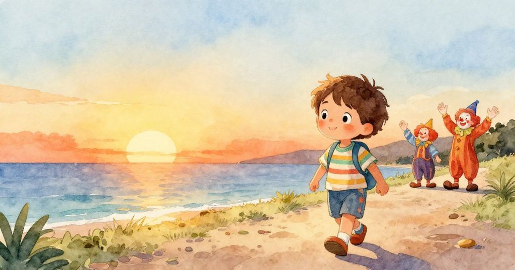 Sam在夕陽餘暉中於海邊小徑上散步，臉上充滿滿足與希望，遠處小丑揮手告別，構成溫暖美麗的結局。