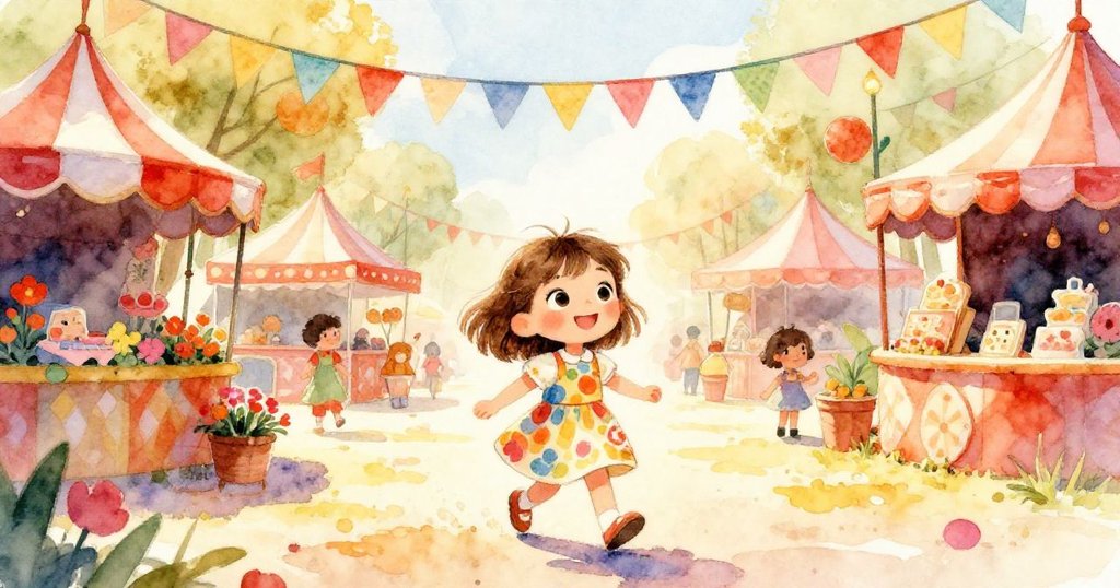 Lily快樂地走入充滿彩旗與花卉的嘉年華，陽光明媚的早晨映襯出熱鬧歡樂的場景，充滿期待與活力。