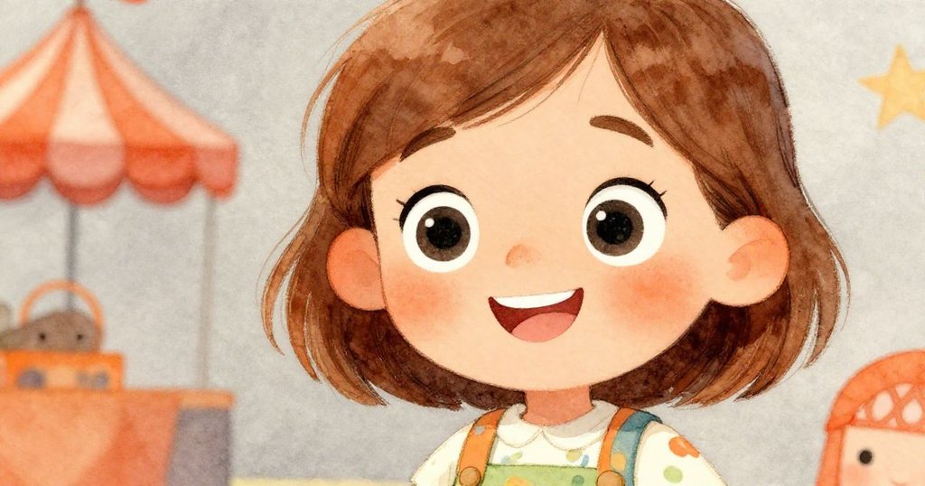 Lily面露驚奇與喜悅，特寫中可見她明亮的眼睛和溫暖笑容，背景隱約呈現嘉年華色彩，情感生動。