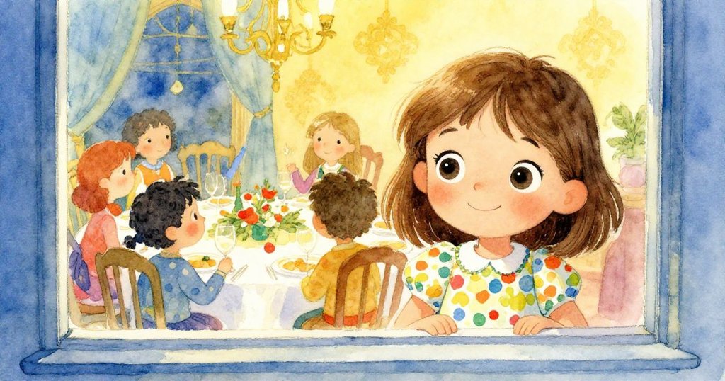 Lily透過大玻璃窗好奇地觀察熱鬧宴會，窗內彩燈閃爍、賓客歡笑，金色光芒與藍調交織出溫馨情景。