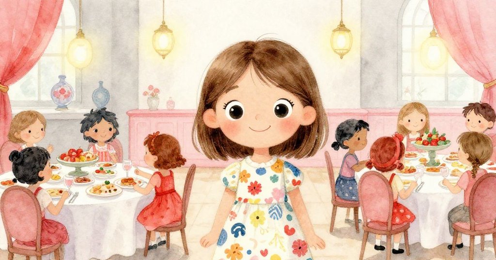 在裝飾華麗的宴會廳內，Lily與朋友圍坐於美食桌前開懷大笑，暖燈映襯下充滿喜悅與溫馨。