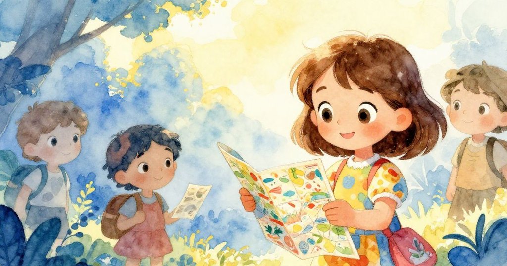 Lily帶領朋友在戶外發現秘密地圖和神秘便條，大家興奮地指著線索，明亮夏日照耀下充滿期待與驚奇。