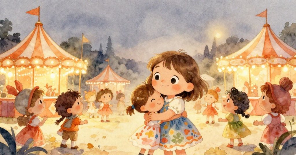 傍晚的嘉年華中，Lily與朋友穿上趣味服飾互擁微笑，柔和夕光映襯下場景平和，結束了充滿魔法般驚喜的一天。