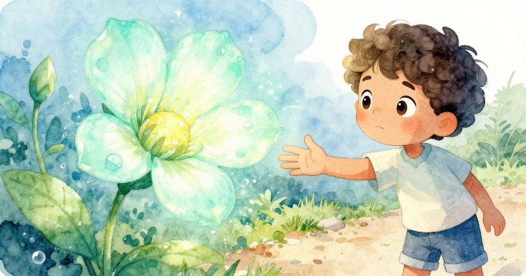 男孩低頭欣賞閃耀花朵,輕觸花瓣,露珠在光影中閃爍,展現探索驚喜的溫馨自然場景。