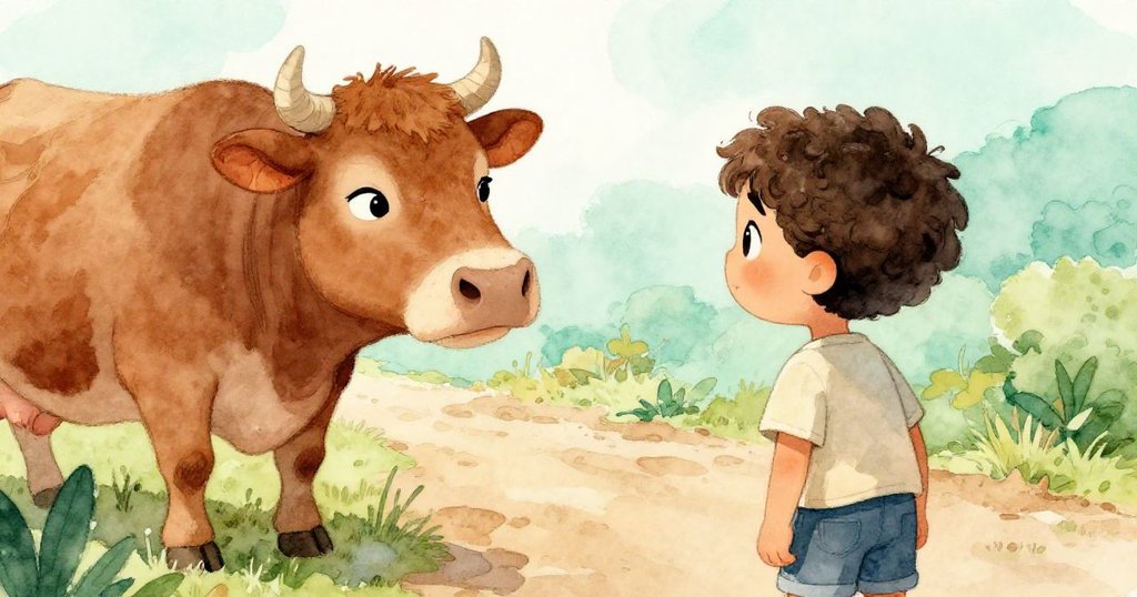 男孩背影望向走來的棕色母牛,牛眼神溫柔傳情,彷彿在低語友善,背景為自然小徑和柔和光線。