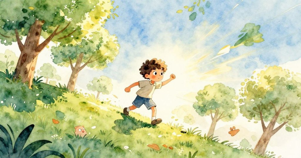 男孩奮力攀登陡峭山坡,樹木隨風搖曳,晨光照耀下大自然充滿活力,展現堅定與動感。