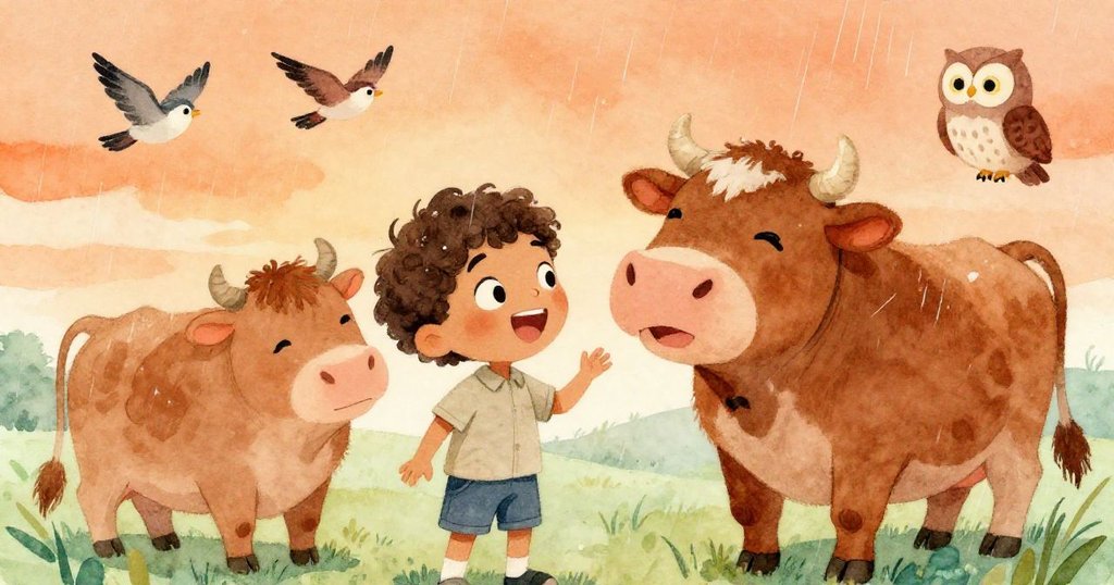 男孩與牛歡唱互動,鳥兒飛舞、貓頭鷹掠過細雨中,夕陽橙光灑落,彼此展現出快樂與和諧情感。