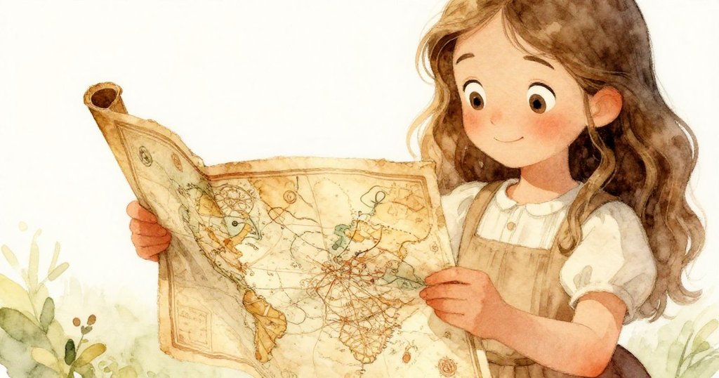 Celeste聚精會神地觀察手中古老精緻的地圖,地圖上的細節揭示家族秘密,表情充滿好奇與期待。