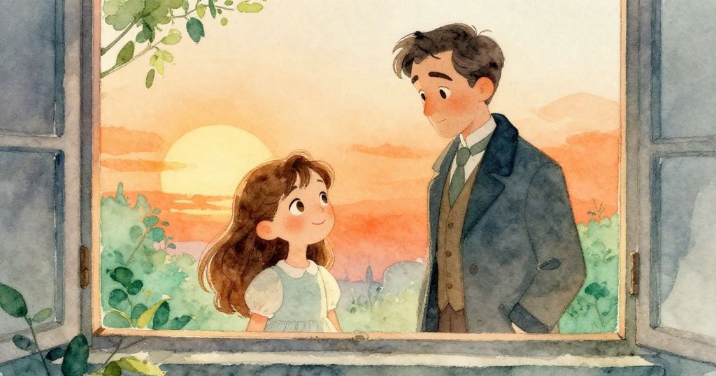 Celeste與神秘紳士站在古舊窗邊,透過窗戶看外面夕陽橙光,臉上流露謹慎興奮,展現崭新旅程的起點。