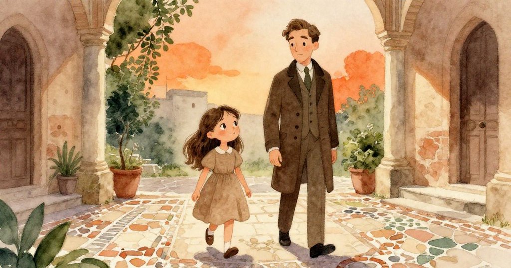 Celeste和神秘紳士踏入修復的古典院落,色彩柔和的馬賽克牆面在橙色夕陽中顯現,彼此互動充滿希望與懷舊。