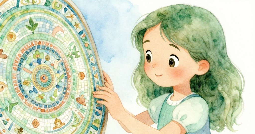 Celeste凝視著恢復精美的馬賽克牆面,眼中閃耀著驚奇與溫柔,細節展現家族隱藏的歷史秘密。