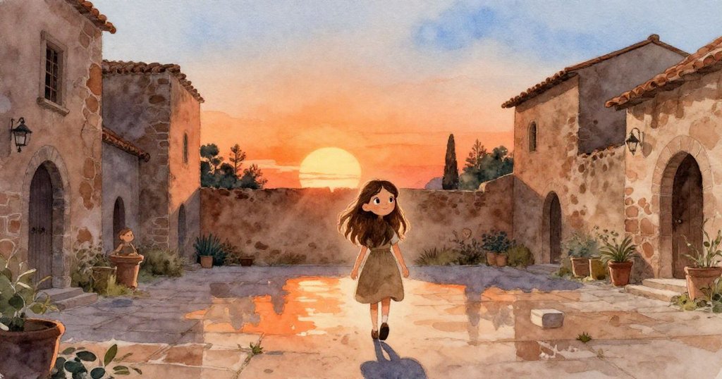 Celeste在夕陽下揮手告別修復院落,身影隨著落日遠去,心中滿懷感激與新希望,象徵全新旅程開始。