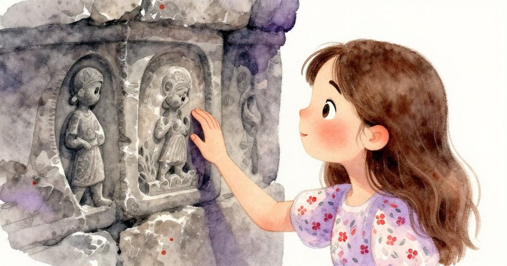 小莉娜細心觸摸破舊石牆上刻著神秘訊息的浮雕，臉上流露出驚奇與好奇的神情。