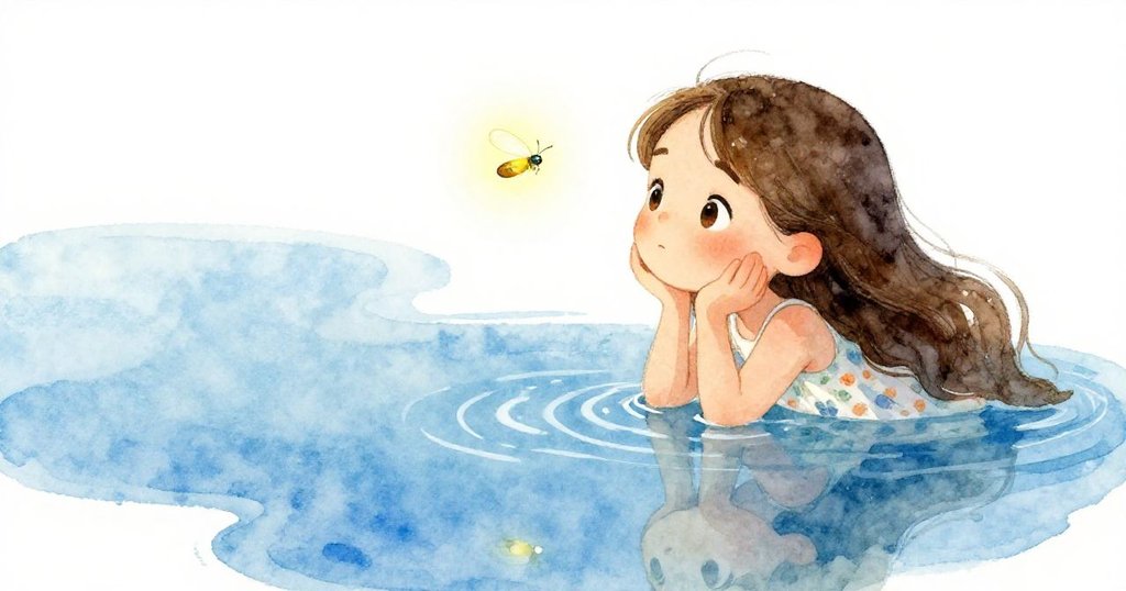 小莉娜在水坑中映出思索的神情，一隻孤獨螢火蟲閃耀其上，夢想與希望在水中巧妙交融。