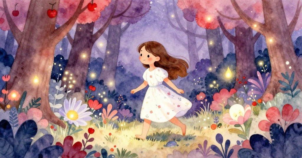 小莉娜追隨閃爍螢火蟲走入秘靜樹林，環境中樹葉與花朵透出柔和光芒，充滿神秘奇幻感。
