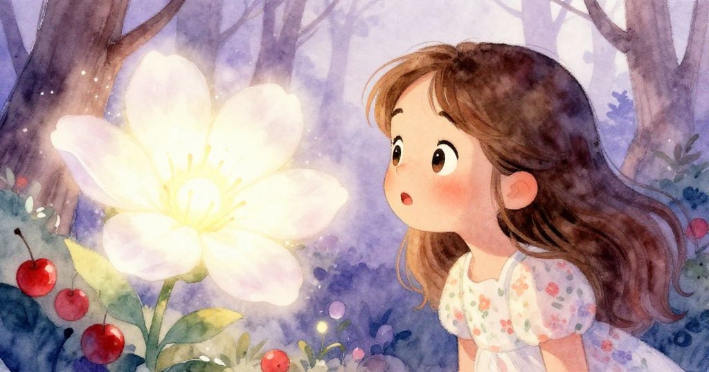 小莉娜驚喜地望著一朵綻放彩虹光芒的奇花，伸出手觸碰那夢幻般的光輝，深感啟發與感動。