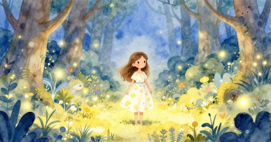 小莉娜在夜晚靜謐樹林中靜立，回味大自然的溫柔低語，周圍花草與螢火蟲交織出安詳夢幻的景致。