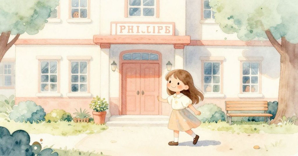 莉莉在晨光熹微的學校外迎接學生,環境充滿溫暖色調,展現期待與活力的情感。