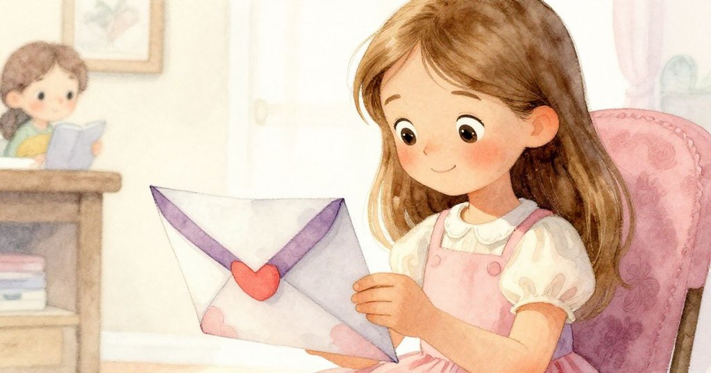 莉莉仔細閱讀信封中的驚喜通知,展示細膩筆觸與精緻禮物包裝,臉上洋溢著驚喜微笑。