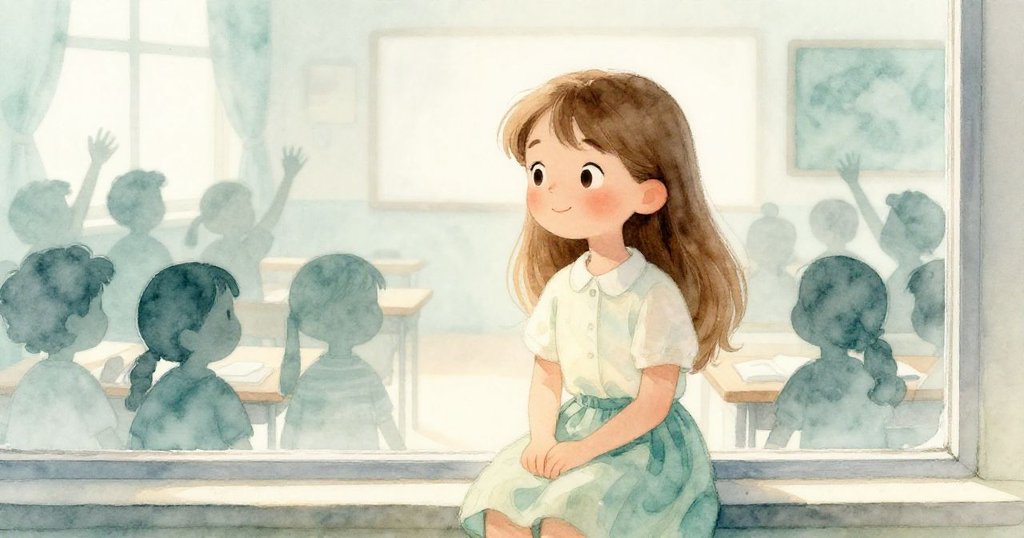 透過教室窗戶的倒影,莉莉專注神情與學生影像交織,傳達期待與好奇情緒的發展。