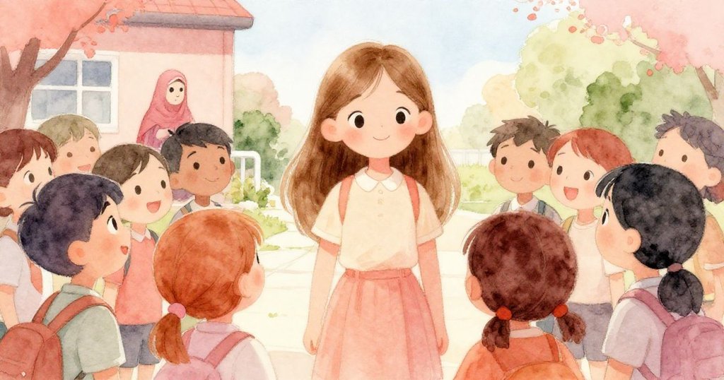 學生們在校外聚集等待訪客,莉莉引導大家互動,展現好奇與期待情緒,環境溫馨動感。