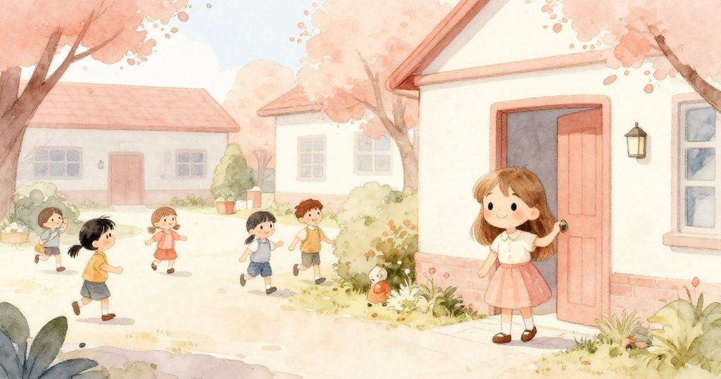 全校學生在寧靜環境中離開,莉莉站在校門含笑滿足,展現愛與安全感,故事迎向美好結局。