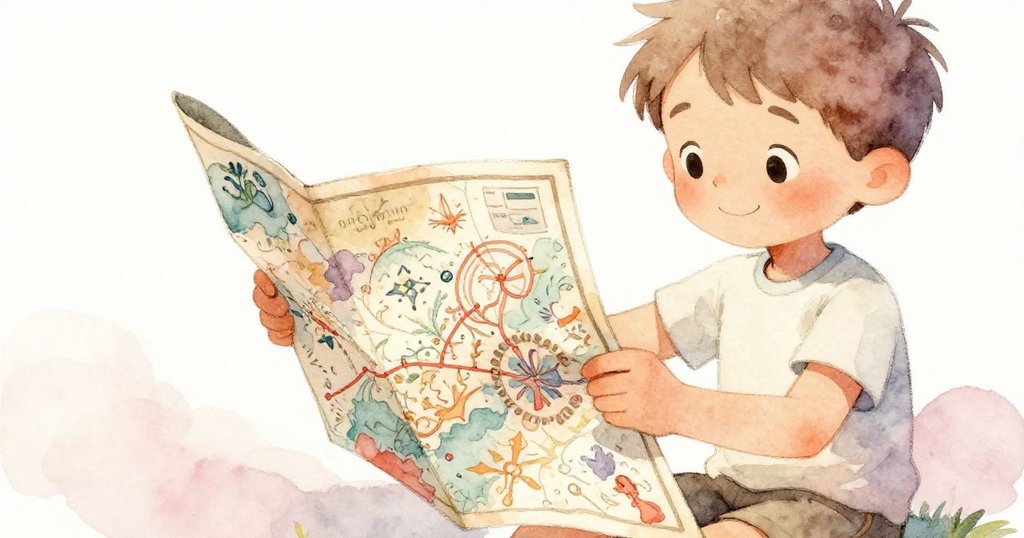 Sam用小手捧著神秘地圖，細看上面奇特符號與路徑，眼神中充滿驚奇與思索，展現冒險的發現。