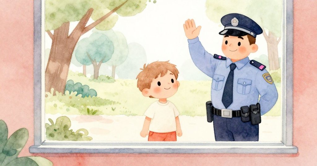 Sam透過大窗戶望向外面，看到遠處友善Officer揮手，充滿驚喜與信任，室內外光影柔和交織，展現冒險邁向新階段。