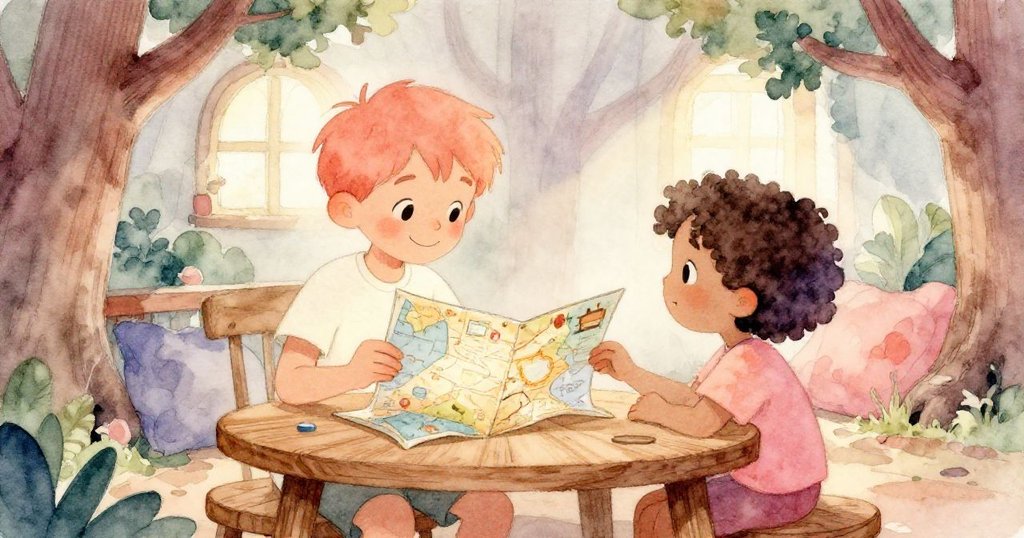 在樹屋般的小屋內，Sam與新朋友圍著展開的神秘地圖熱烈討論，臉上流露智慧與好奇，氛圍溫馨親切。