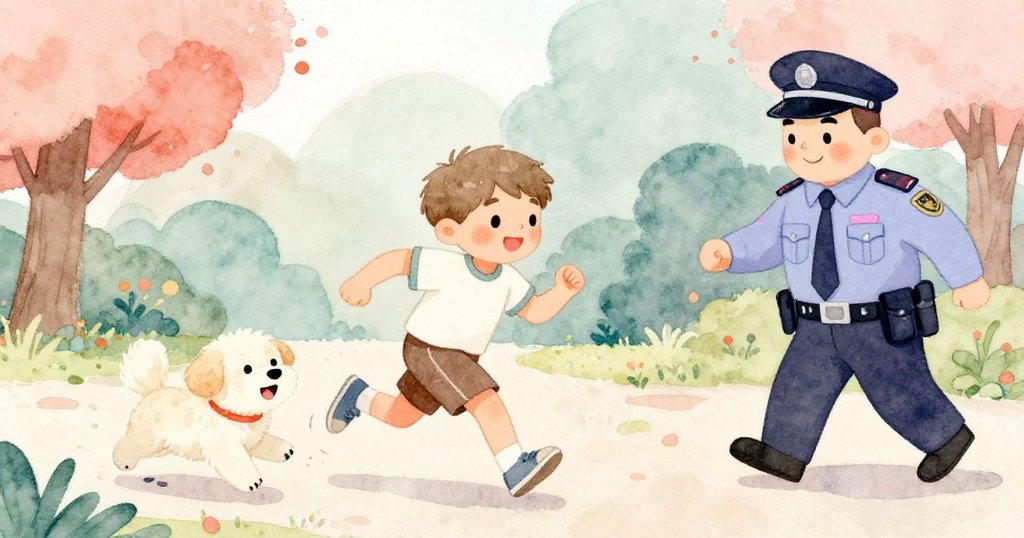 Sam與愛犬在公園中奔跑競賽，旁邊友善Officer愉快揮手，展現充滿活力與互動樂趣的冒險時光。