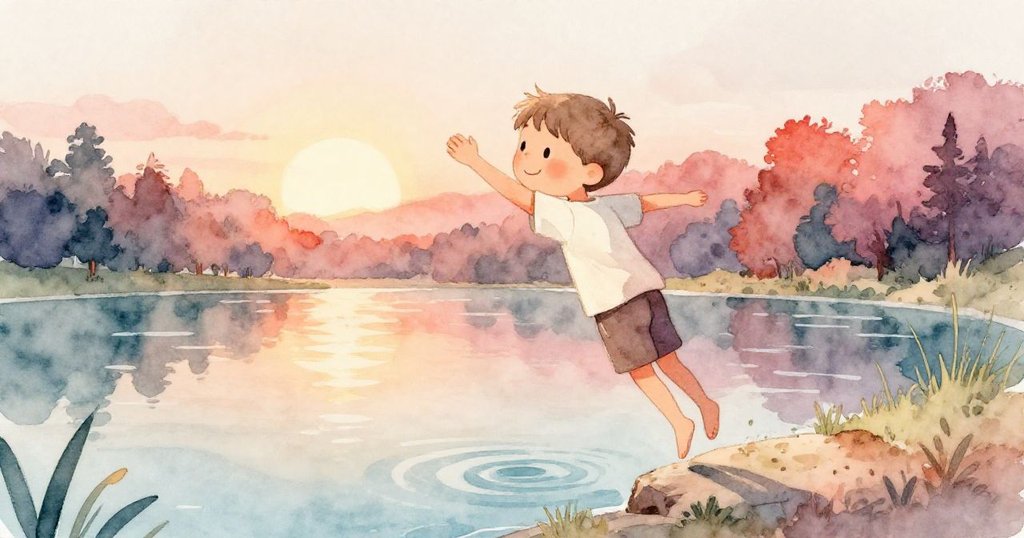 夕陽餘暉中，Sam站在閃耀金光的池塘邊，準備跳入水中，臉上洋溢著希望與幸福，呈現平靜美好結局。