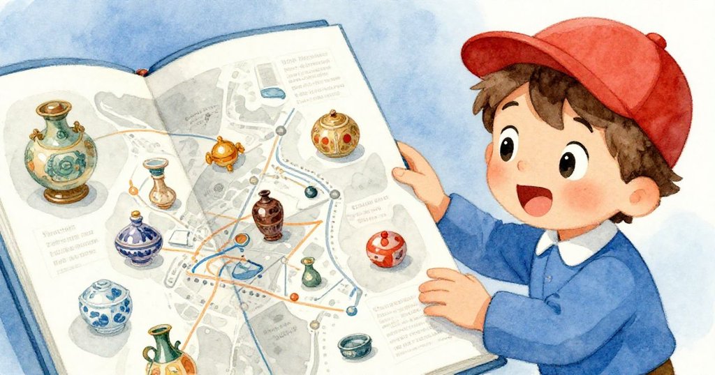 湯姆專注地拿著詳盡的地圖，指向閃閃發光的展品，細節豐富，展示學習冒險的起步。